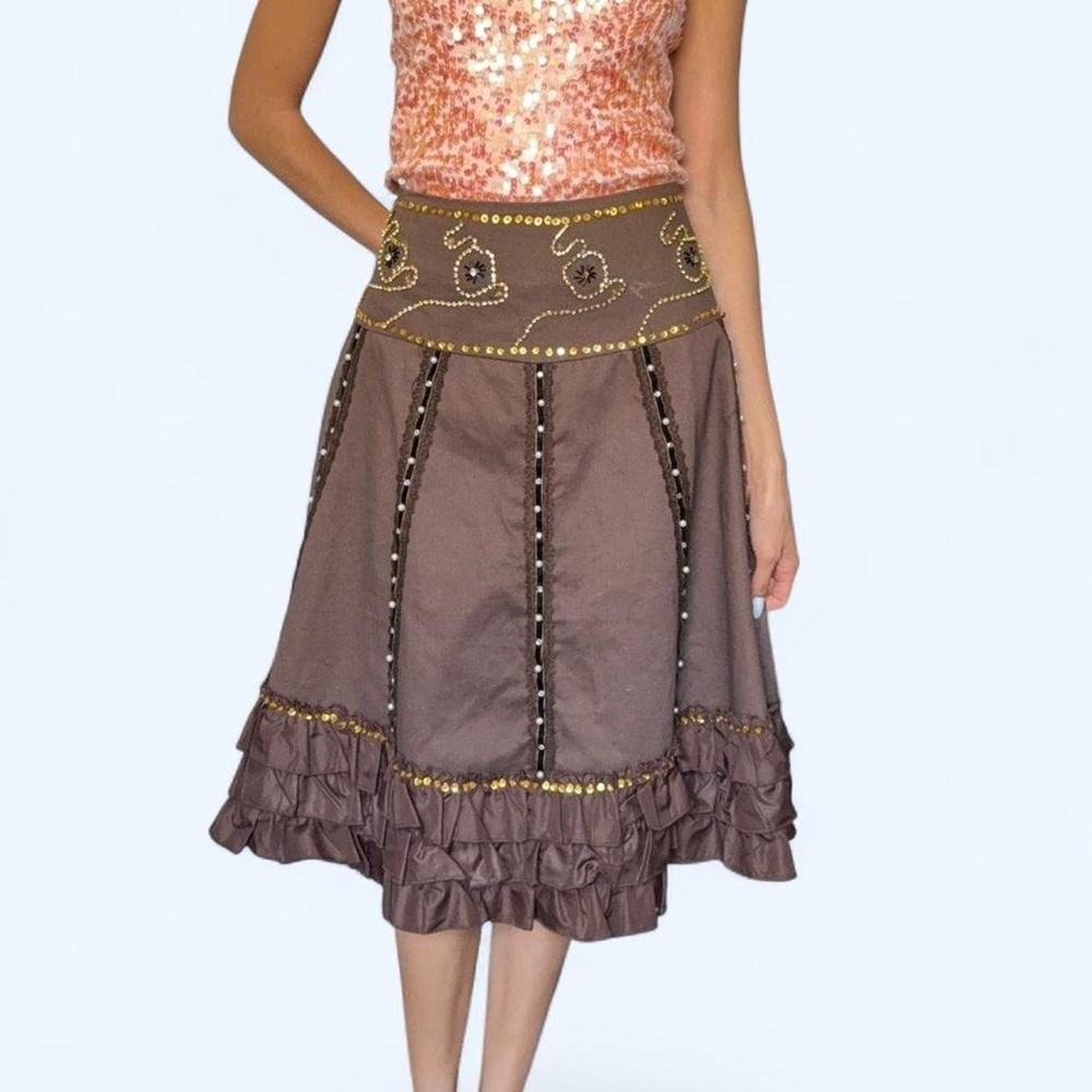 Fairycore Brown Beaded Ruffle Midi Skirt ✨